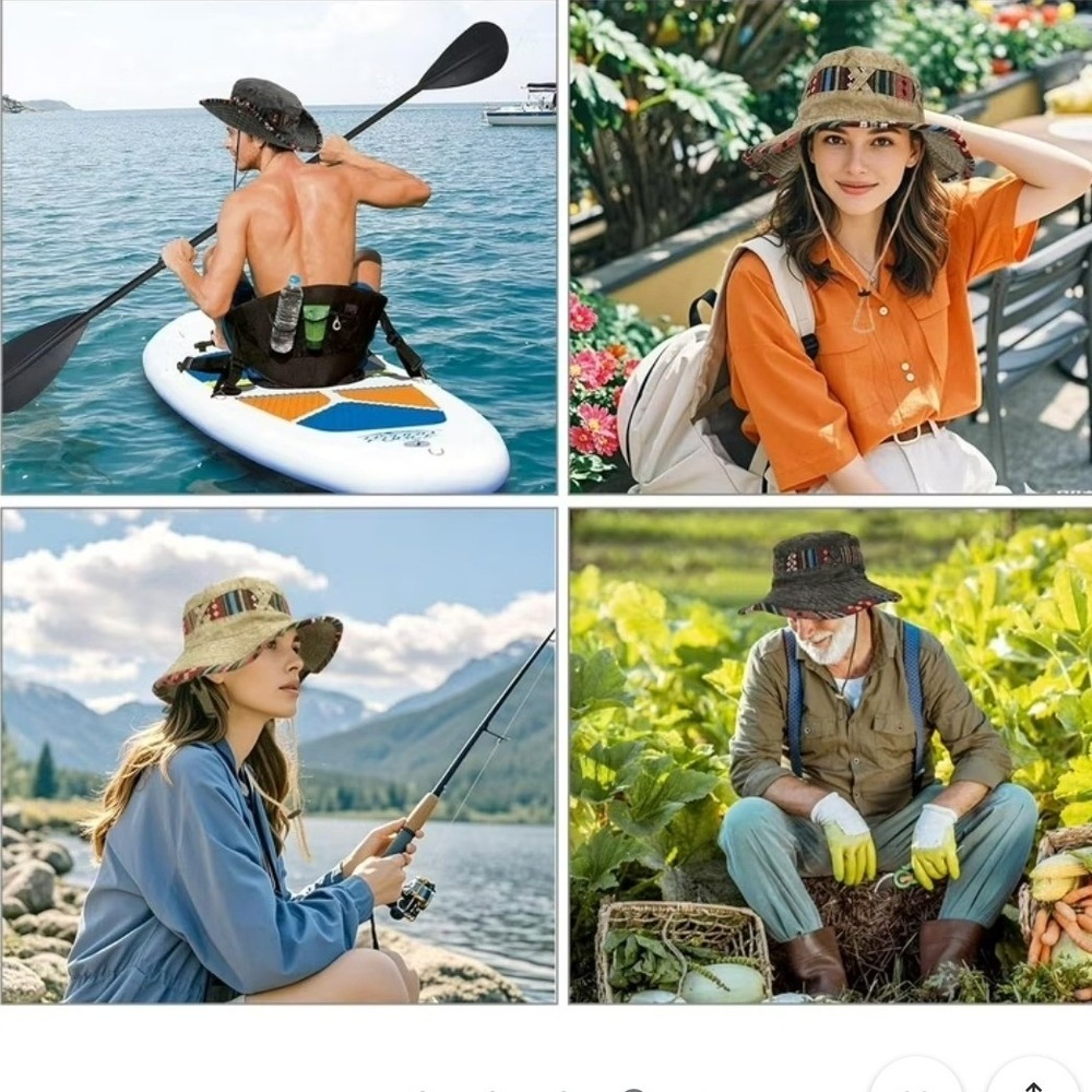 Unisex Cotton Fishing Hat Wide Brim Safari Hiking Bucket w/ Chin Strap Outdoors